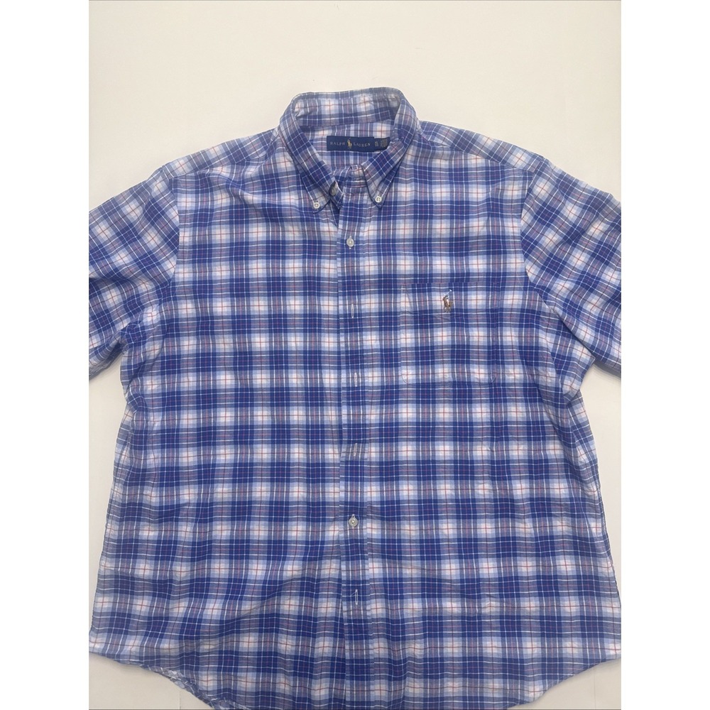 Ralph Lauren Shirt Men's XL Blue Button Down Short Sleeve Plaid Cotton Casual